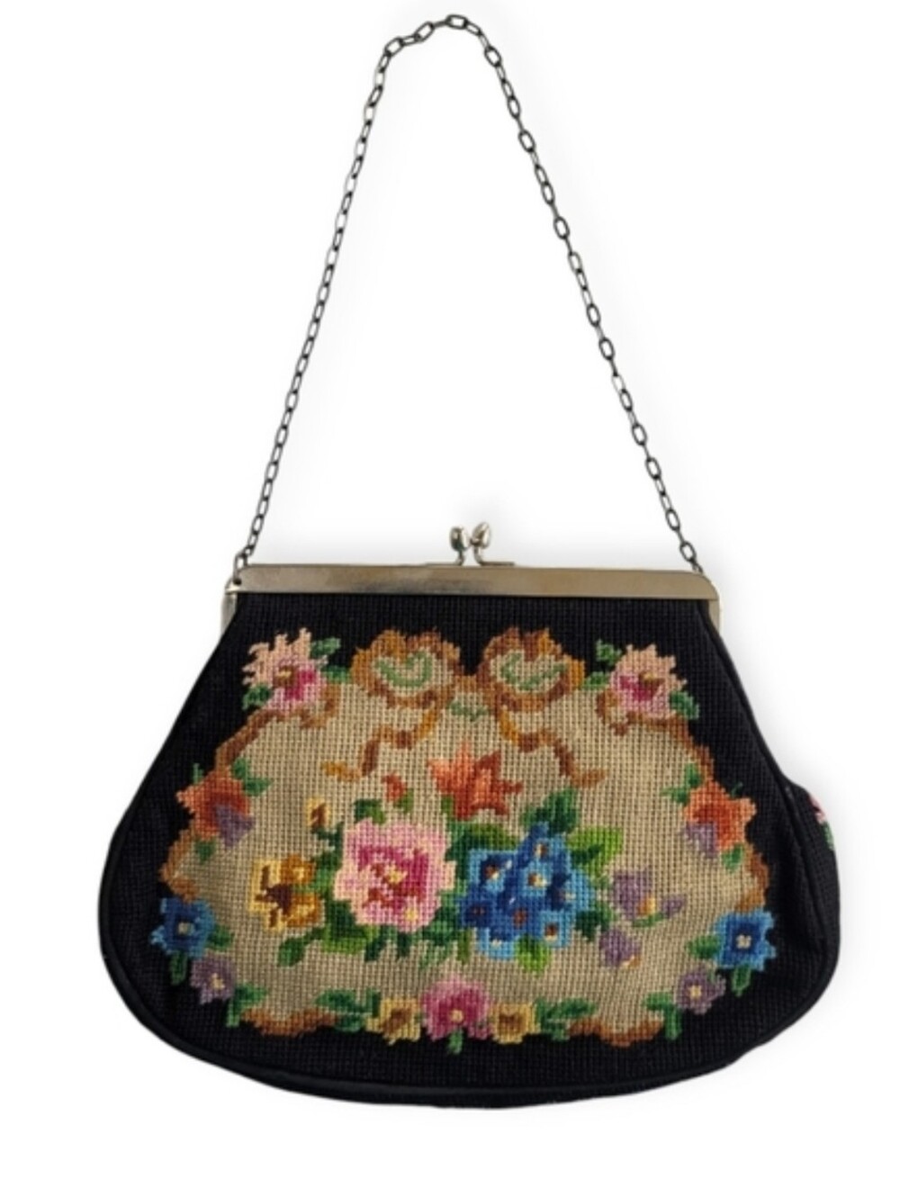 Vintage Needlepoint Purse Floral And Black With Gold Chain